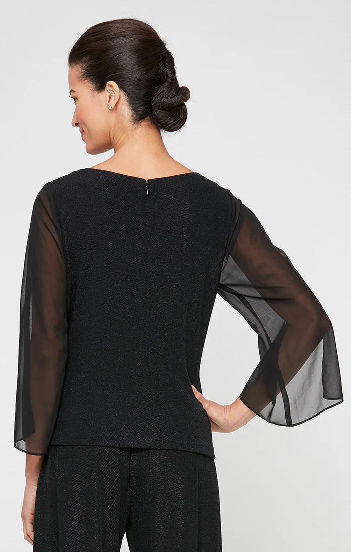 Metallic Knit Blouse with Chiffon Sleeves - Image 2