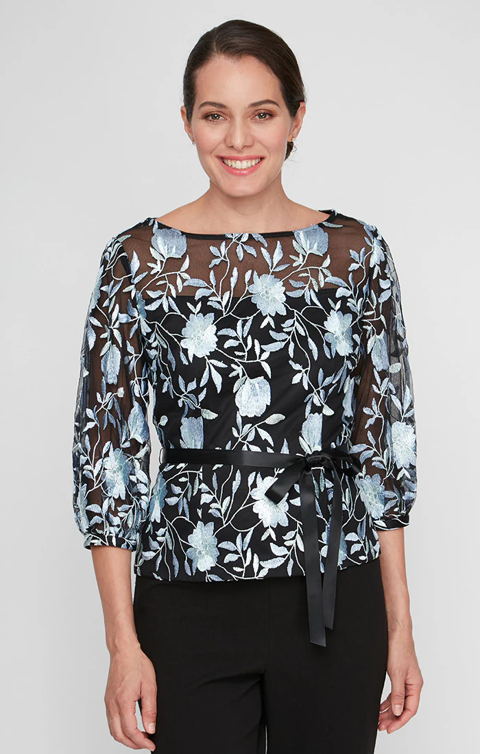 3/4 Sleeve Embroidered Blouse with Tie Belt - Image 3