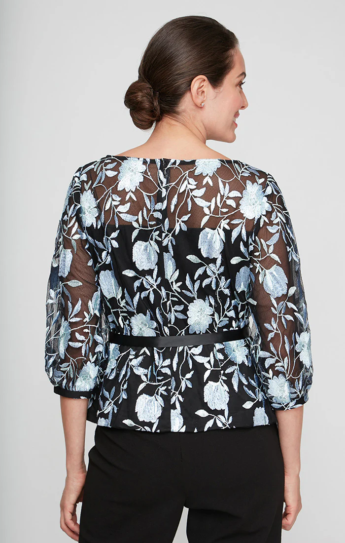 3/4 Sleeve Embroidered Blouse with Tie Belt - Image 4