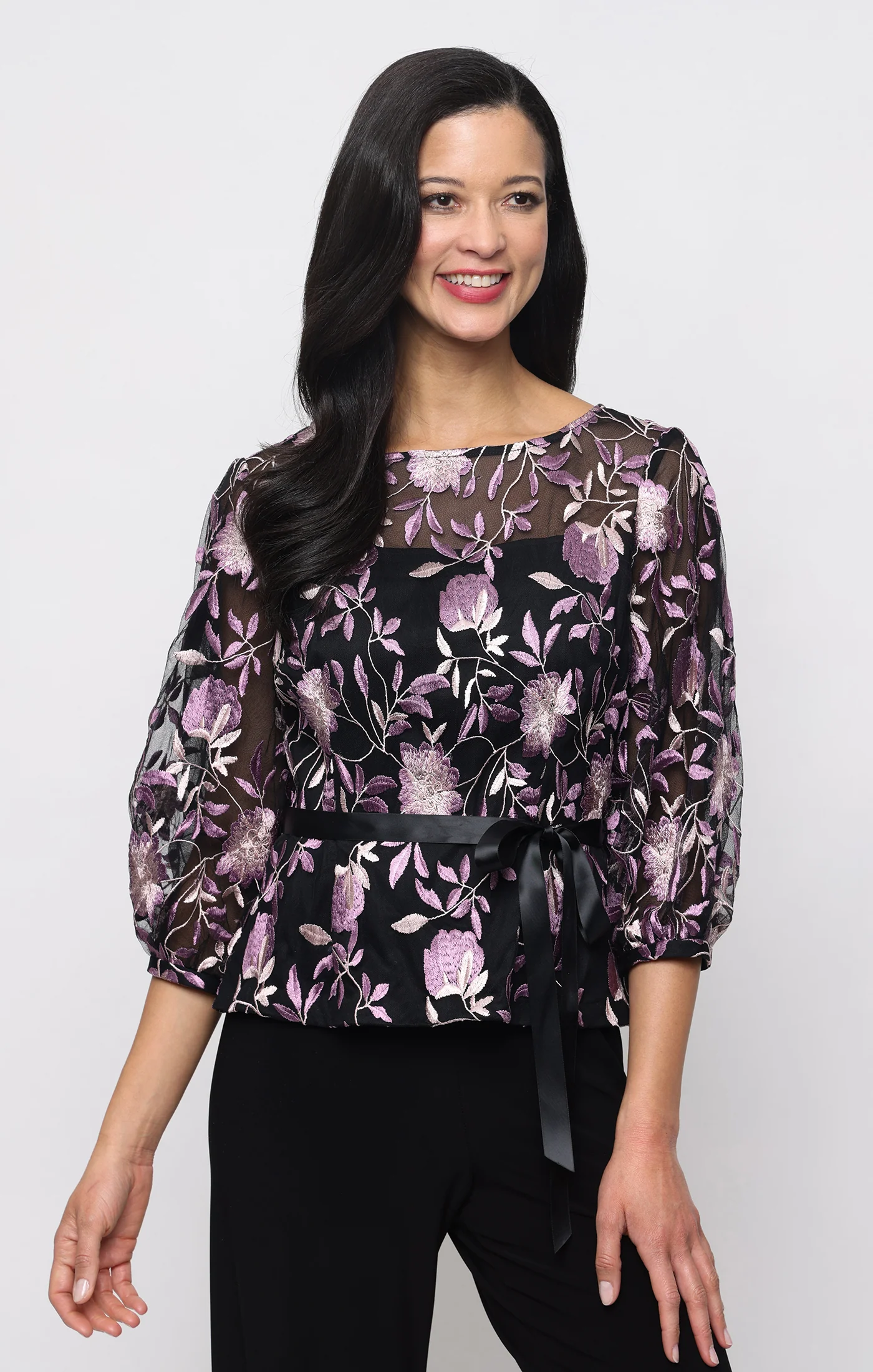 Petite Embroidered Blouse with Tie Belt