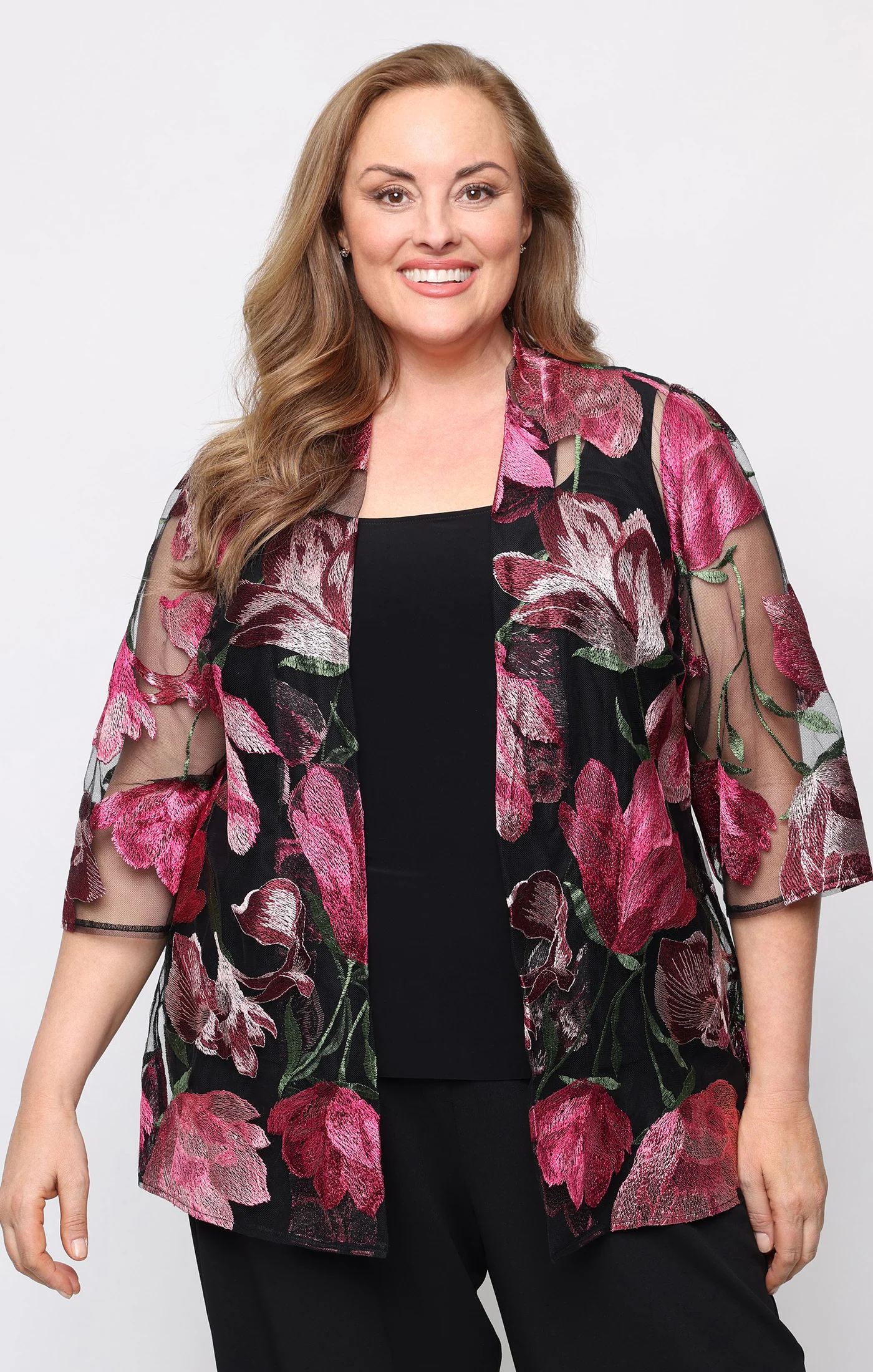 Plus 3/4 Sleeve Embroidered Tulle Twinset