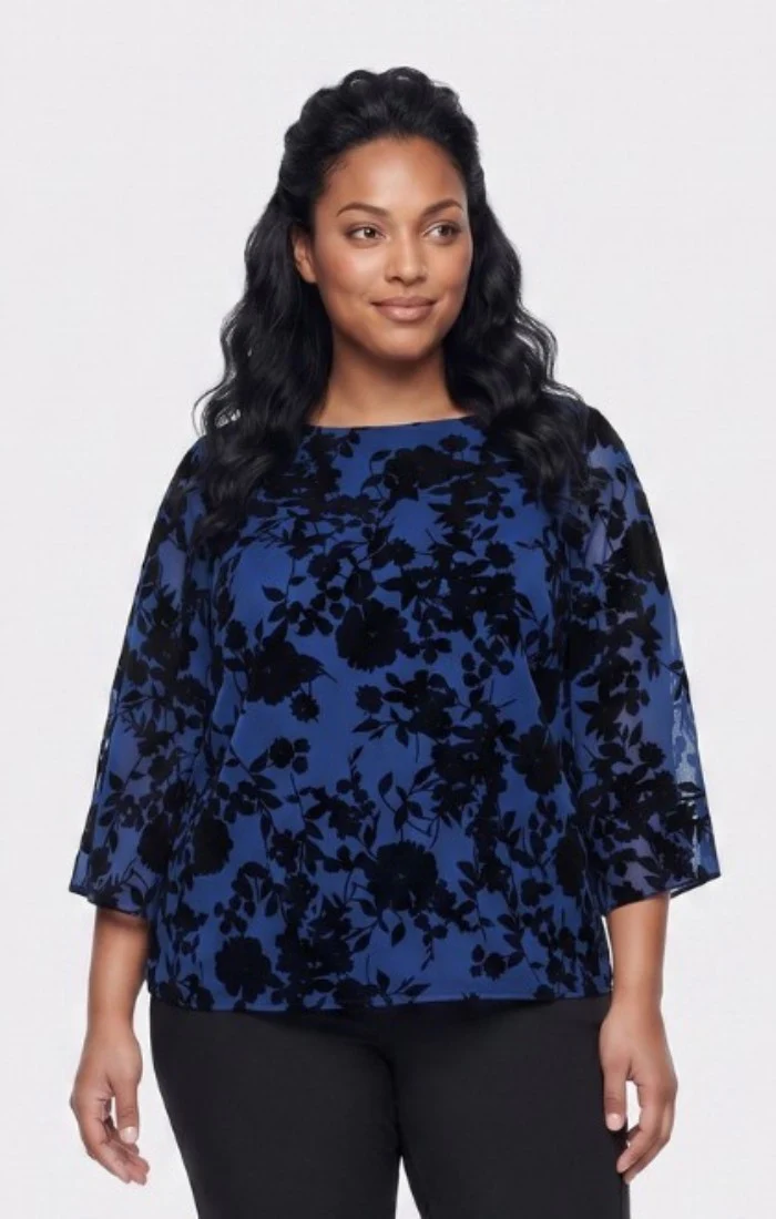 Plus 3/4 Sleeve Flocked Yoryu Blouse with Split Sleeve Detail
