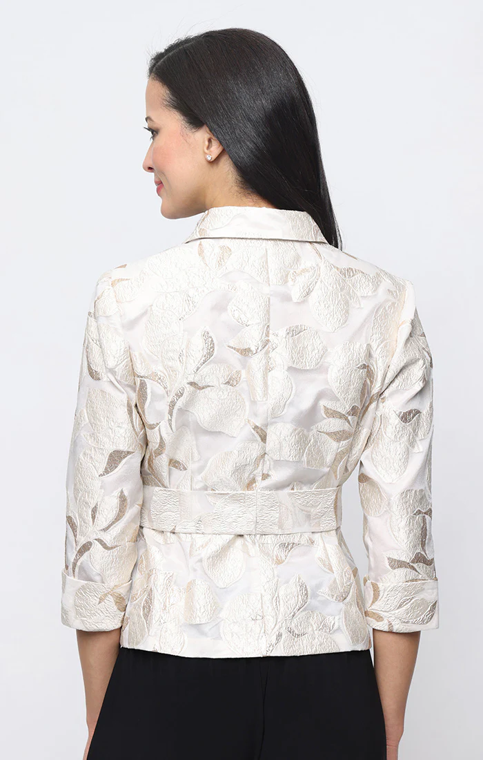 Metallic Jacquard Button Front Blouse with Collar and Tie Belt - Image 2