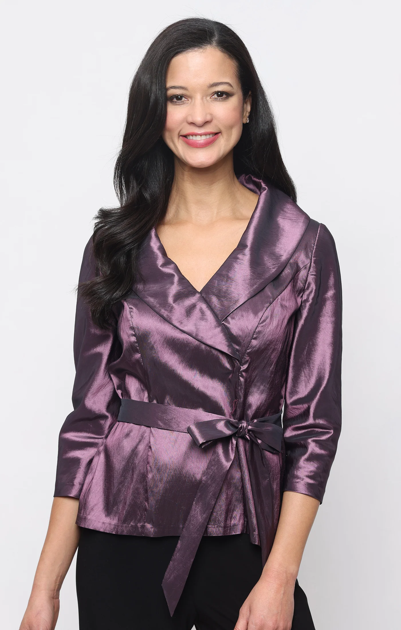Petite 3/4 Sleeve Portrait Collar Washer Taffeta Blouse with Tie Waist Detail