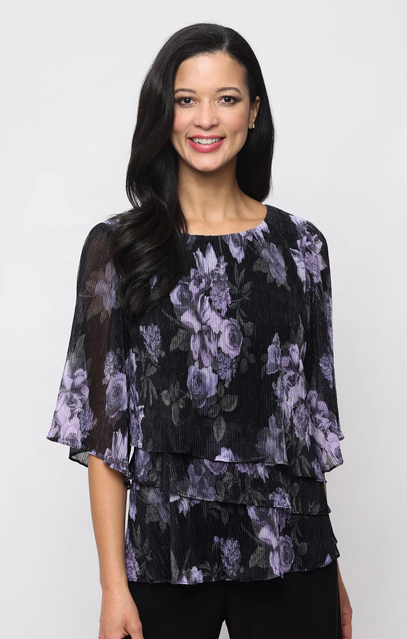 3/4 Sleeve Printed Blouse with Asymmetric Tiers