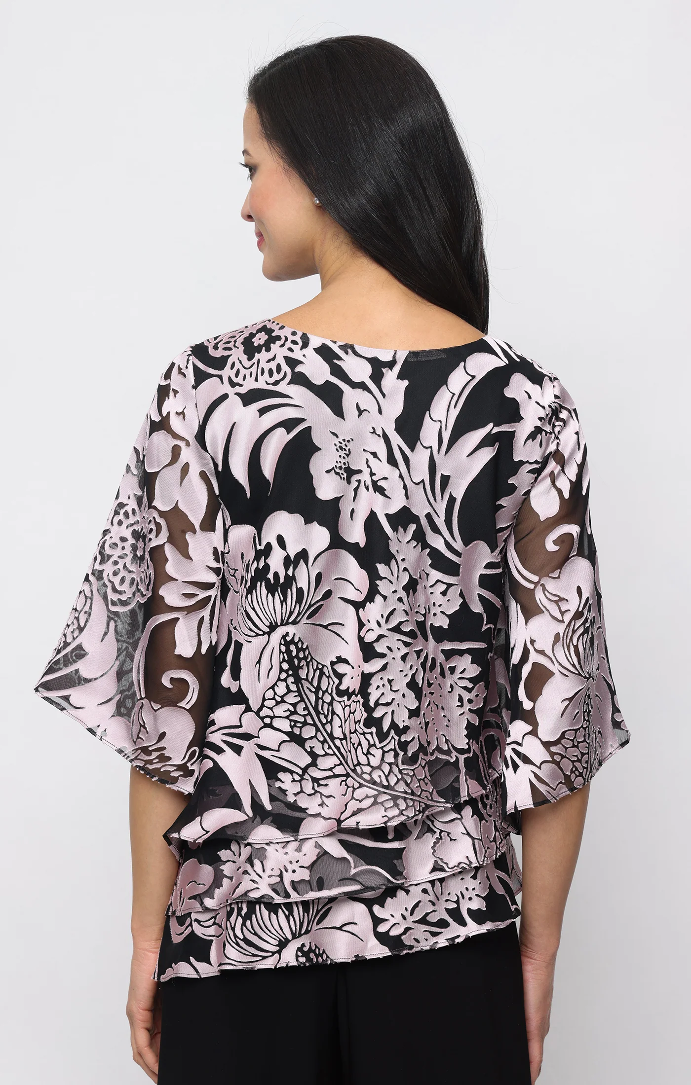 3/4 Sleeve Printed Blouse With Illusion Sleeves and Asymmetric Triple Tier Hem - Image 2