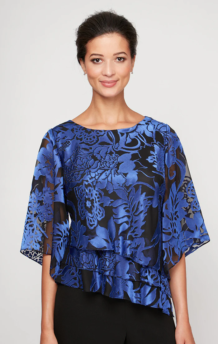 3/4 Sleeve Printed Blouse With Illusion Sleeves and Asymmetric Triple Tier Hem - Image 3