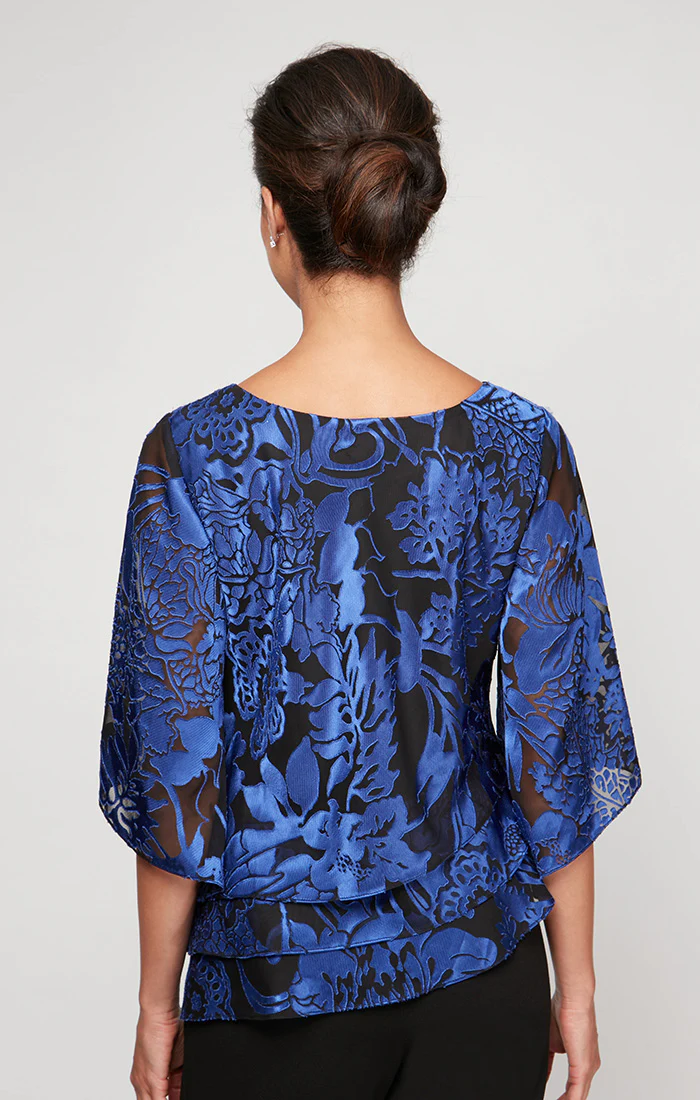 3/4 Sleeve Printed Blouse With Illusion Sleeves and Asymmetric Triple Tier Hem - Image 4