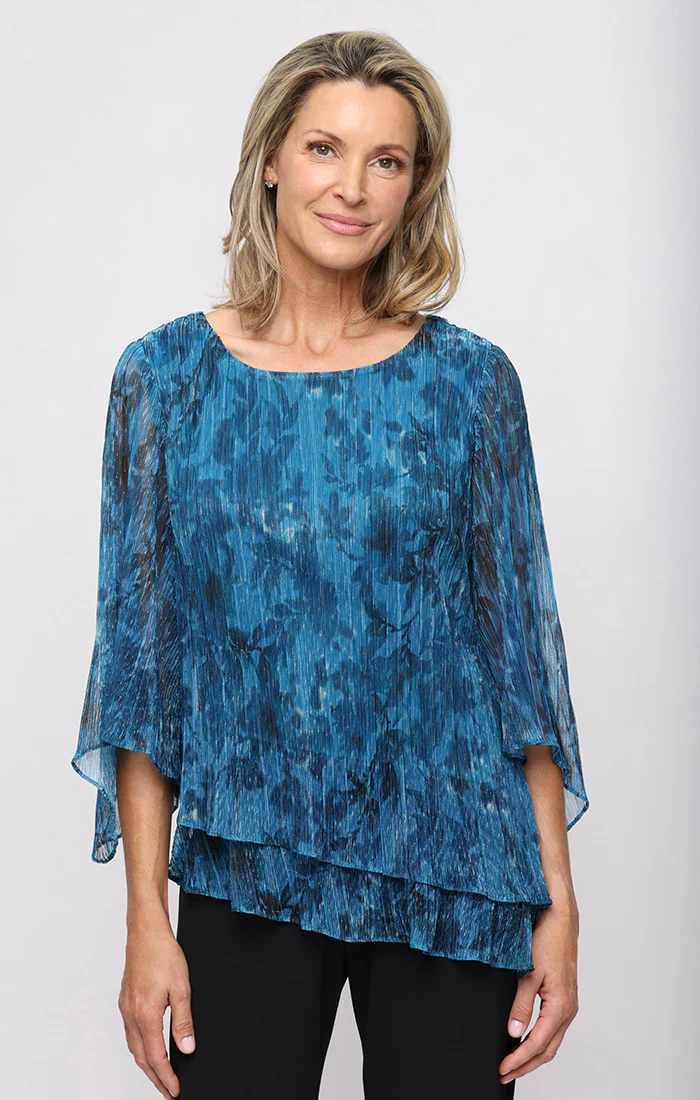 3/4 Sleeve Printed Bodre Blouse with Asymmetric Double Tier Hem