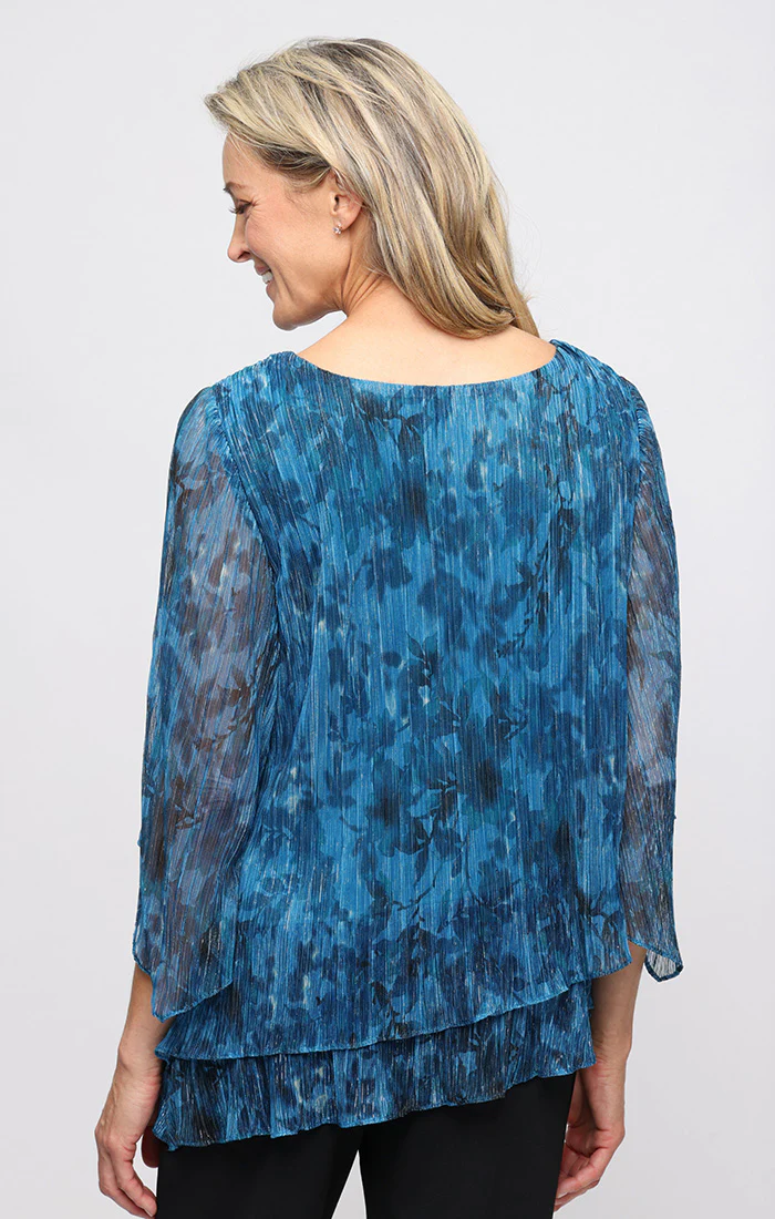 3/4 Sleeve Printed Bodre Blouse with Asymmetric Double Tier Hem - Image 2