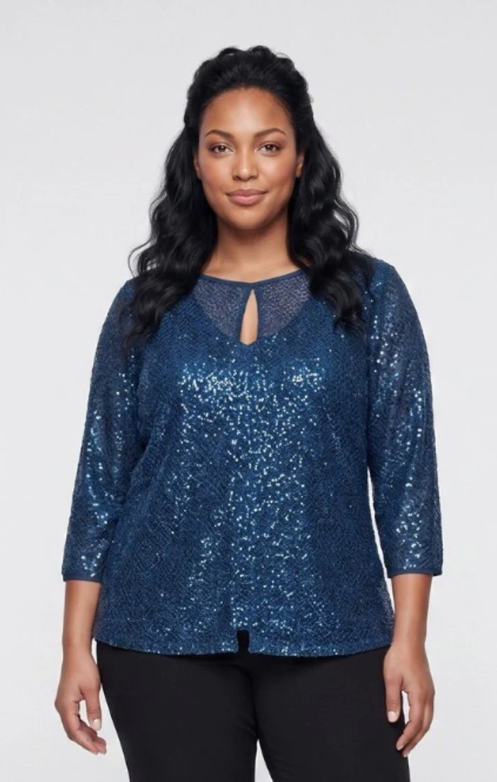 3/4 Sleeve Sequin Crochet Mock Twinset