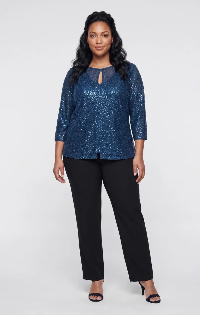 3/4 Sleeve Sequin Crochet Mock Twinset - Image 2