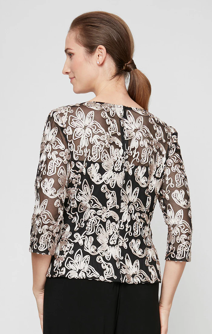 Stretch Tulle Blouse with Embroidered Detail and Illusion Neckline - Image 3