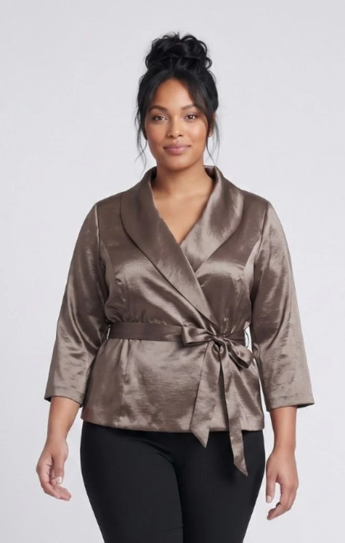 Plus 3/4 Sleeve Surplice Blouse with Tie Waist Detail