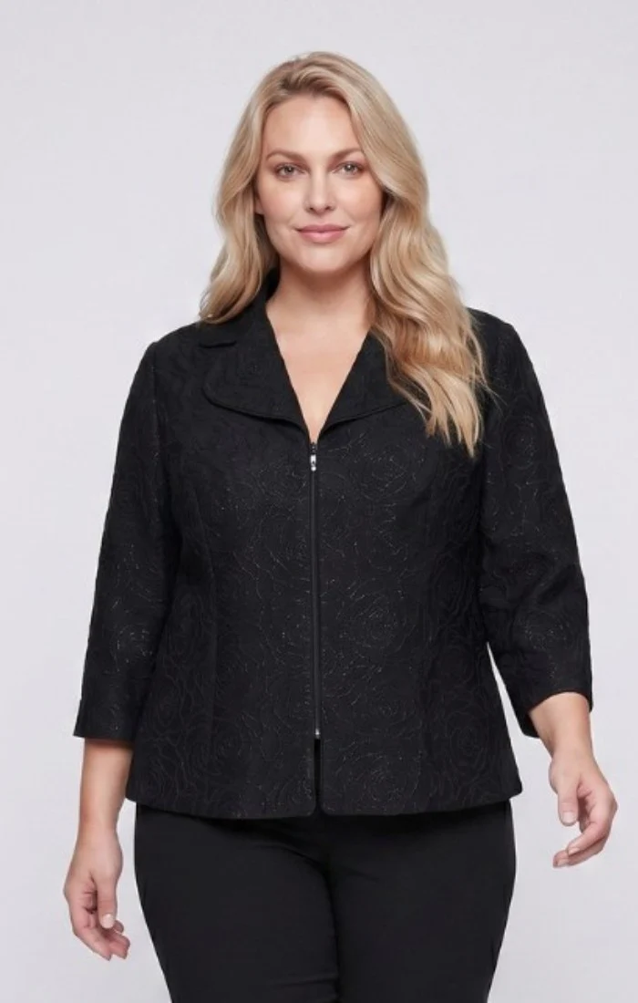 Plus 3/4 Sleeve Textured Jacquard Zip Jacket