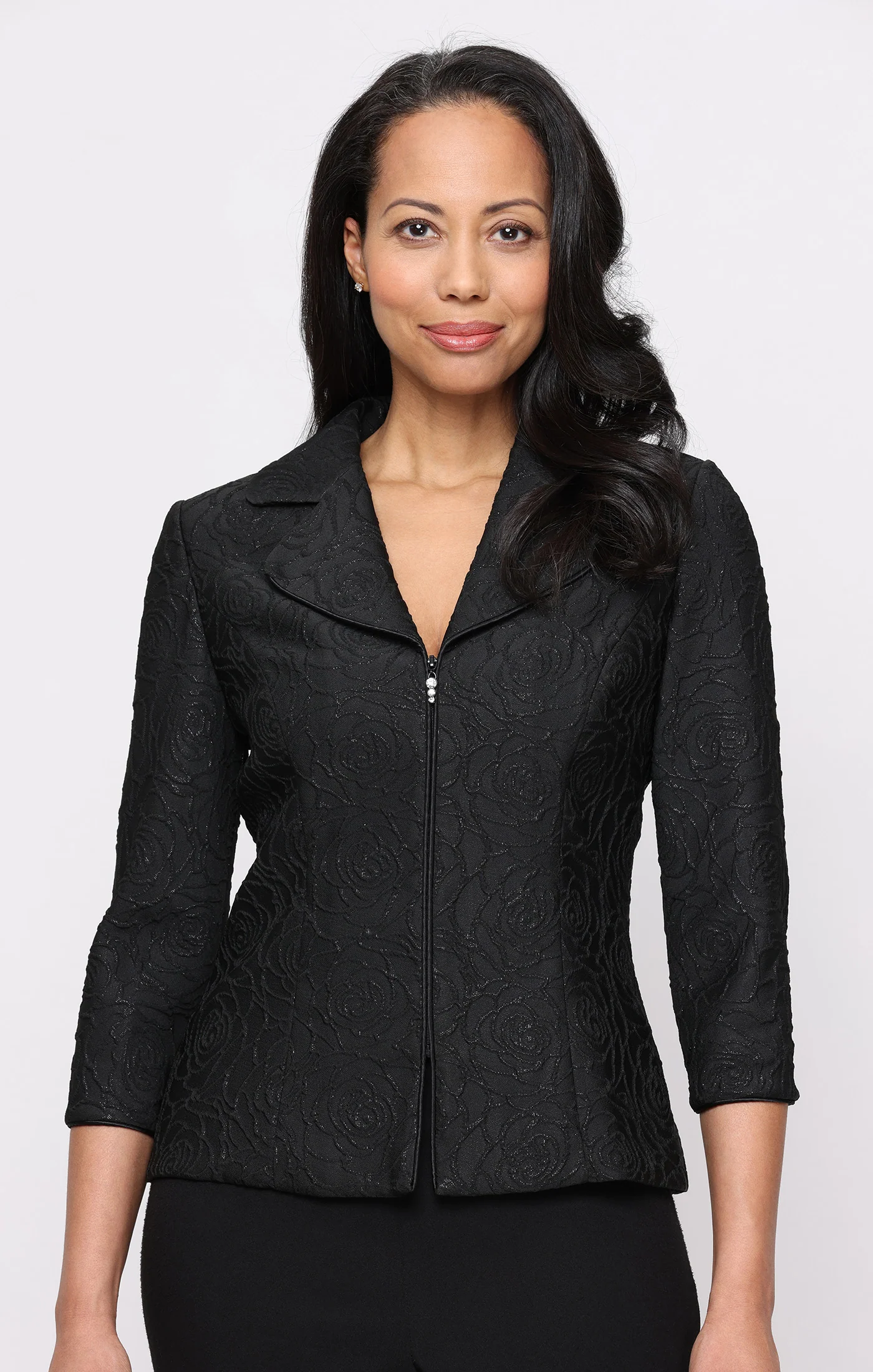 3/4 Sleeve Textured Jacquard Zip Jacket