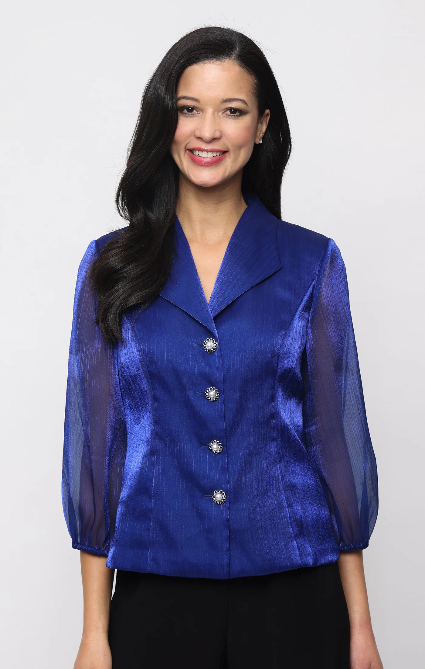 3/4 Sleeve Yoryu Button Front Blouse With Illusion Sleeves