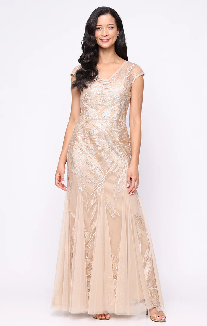 Regular - Long Embroidered Tulle V-Neck Dress with Godet Detail Skirt and Cap Sleeves