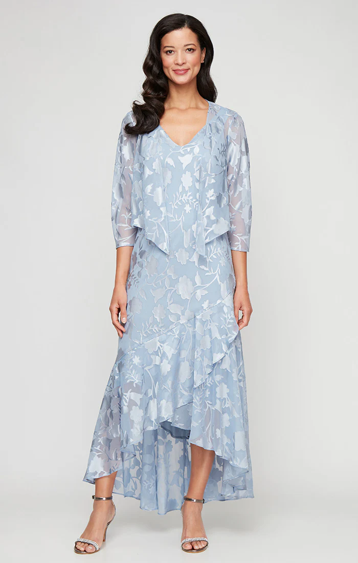 Regular - Chiffon Jacket Dress with High/Low Tulip Hem Skirt & Open Cascade Jacket