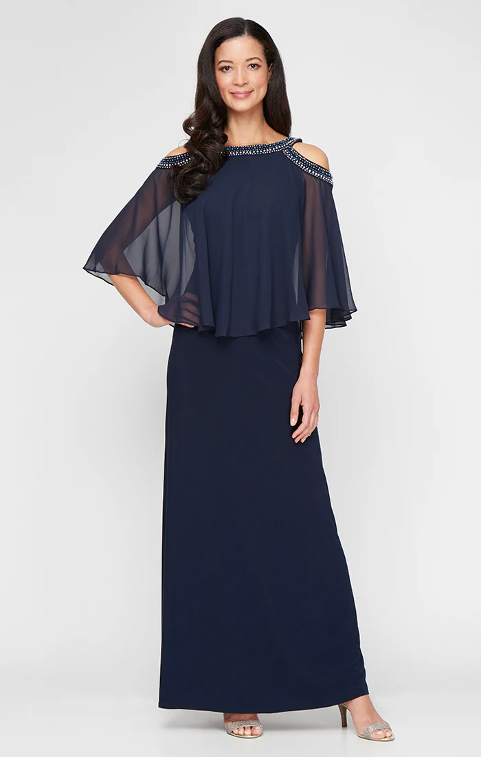 Cold Shoulder Jersey and Chiffon Gown with Beaded Neckline