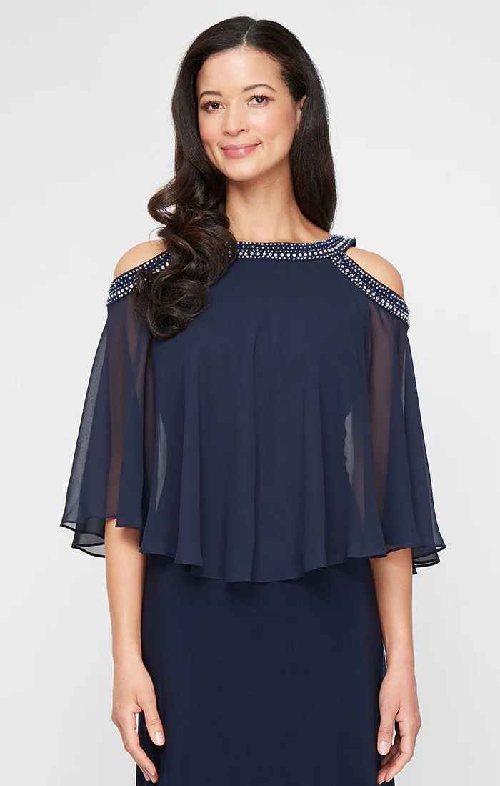Cold Shoulder Jersey and Chiffon Gown with Beaded Neckline - Image 2