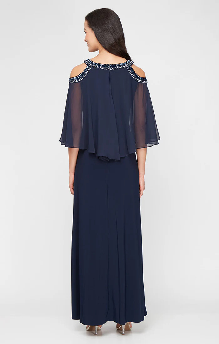 Cold Shoulder Jersey and Chiffon Gown with Beaded Neckline - Image 3