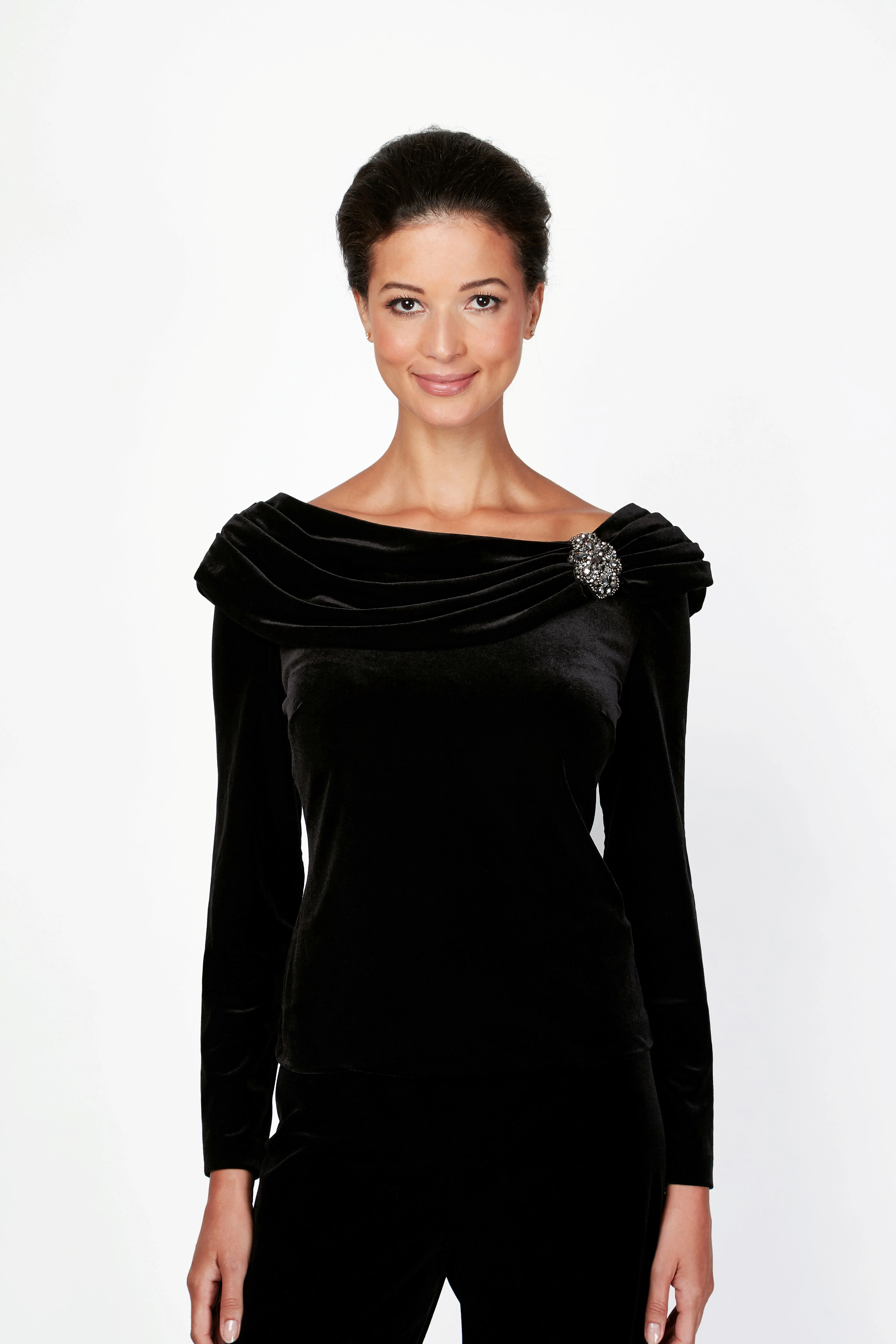 Long Sleeve Velvet Blouse with Ruched Collar Neckline & Decorative Broach