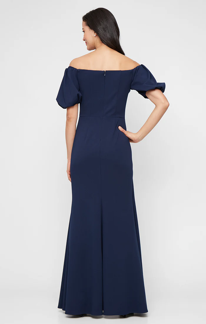 *Long Stretch Crepe Off the Shoulder Dress with Embellished Cascade Ruffle Detail at Waist and Puff Sleeves - Image 3