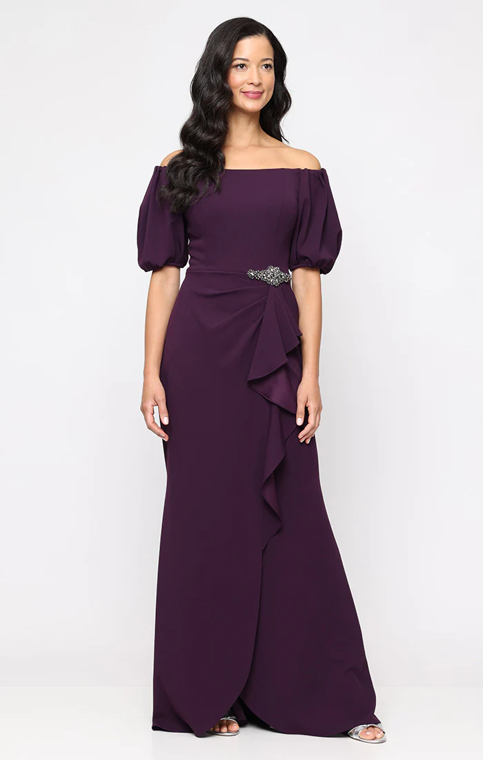 *Long Stretch Crepe Off the Shoulder Dress with Embellished Cascade Ruffle Detail at Waist and Puff Sleeves - Image 4