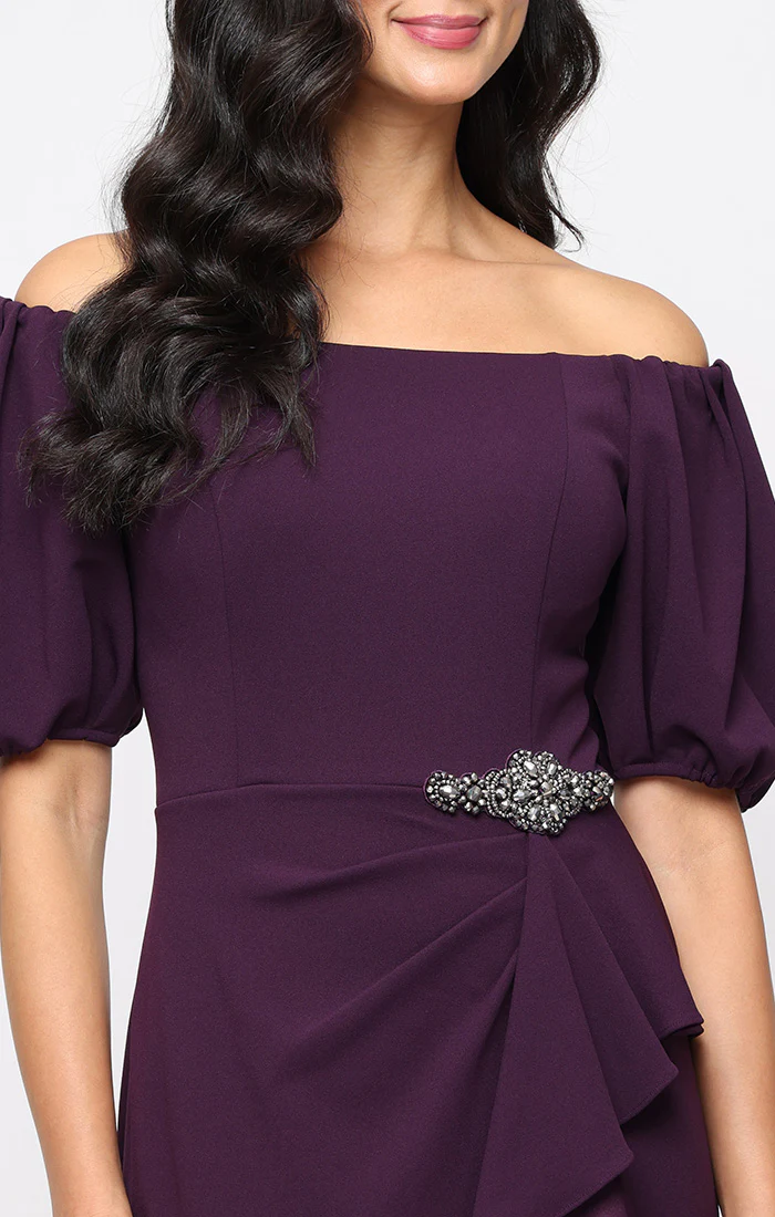 *Long Stretch Crepe Off the Shoulder Dress with Embellished Cascade Ruffle Detail at Waist and Puff Sleeves - Image 5