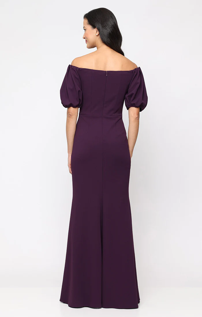 *Long Stretch Crepe Off the Shoulder Dress with Embellished Cascade Ruffle Detail at Waist and Puff Sleeves - Image 6