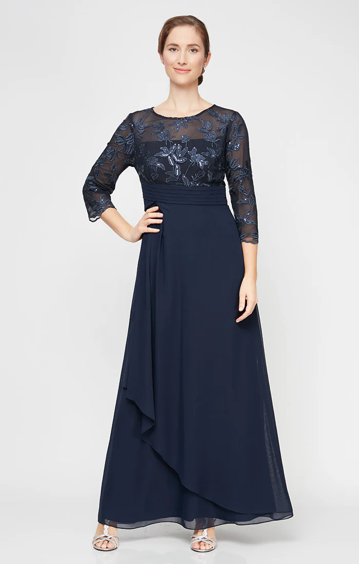 Long Gown with Embroidered Sequin Bodice & Cascade Skirt