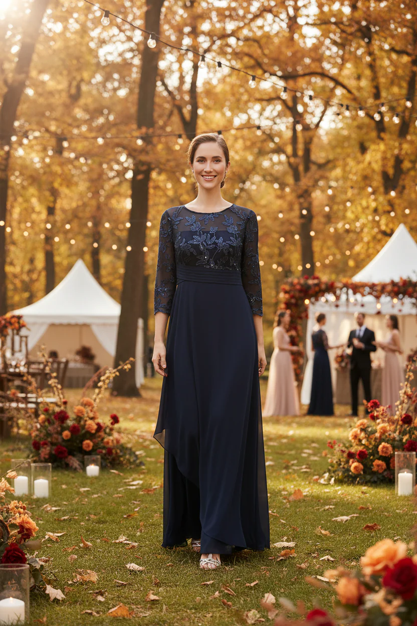 Long Gown with Embroidered Sequin Bodice & Cascade Skirt - Image 3