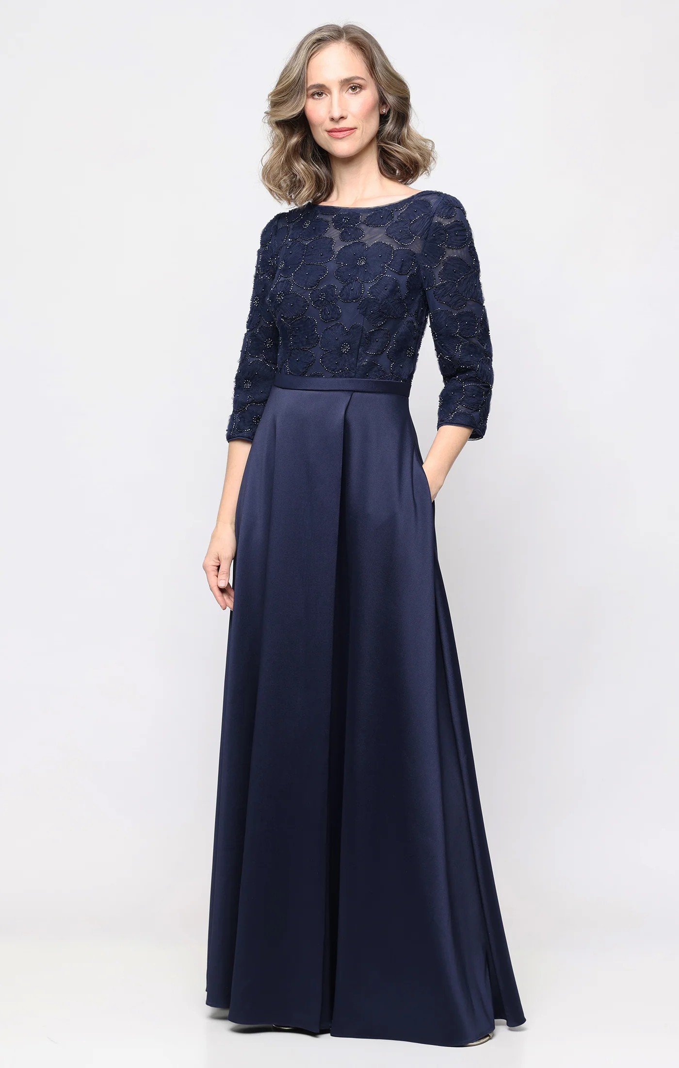 *Long A-Line Dress with Beaded Bodice and Mikado Skirt