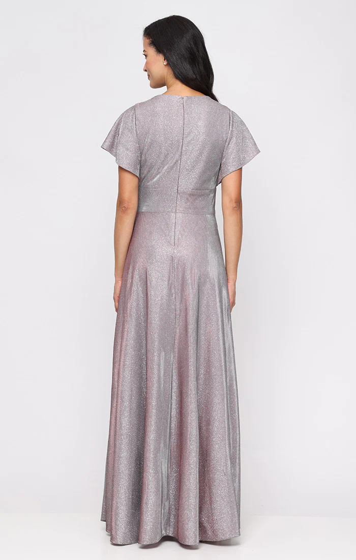 *Long A-Line Metallic Knit Dress with Surplice Neckline, Ruched Cascade Detail Waist and Flutter Sleeves - Image 3