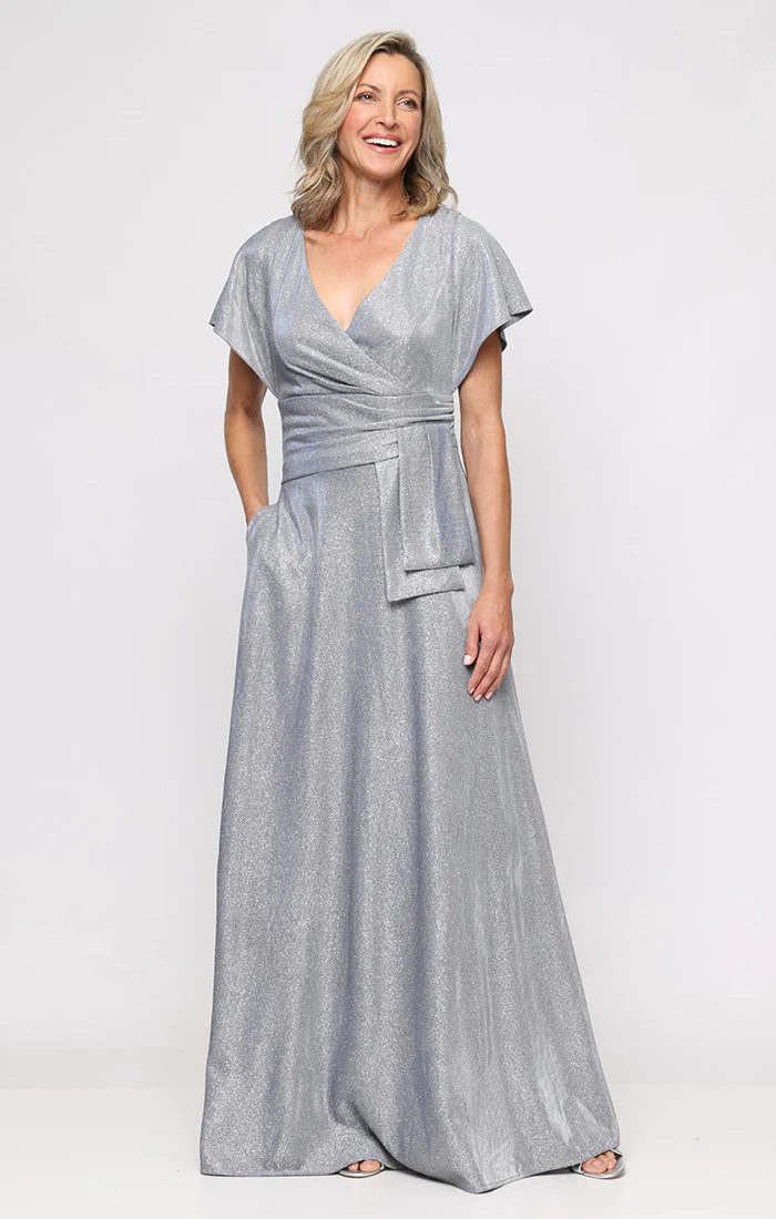 *Long A-Line Metallic Knit Dress with Surplice Neckline, Ruched Cascade Detail Waist and Flutter Sleeves - Image 4