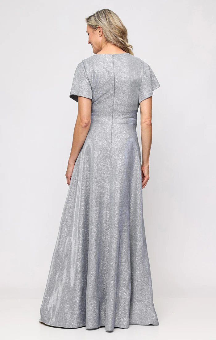 *Long A-Line Metallic Knit Dress with Surplice Neckline, Ruched Cascade Detail Waist and Flutter Sleeves - Image 6