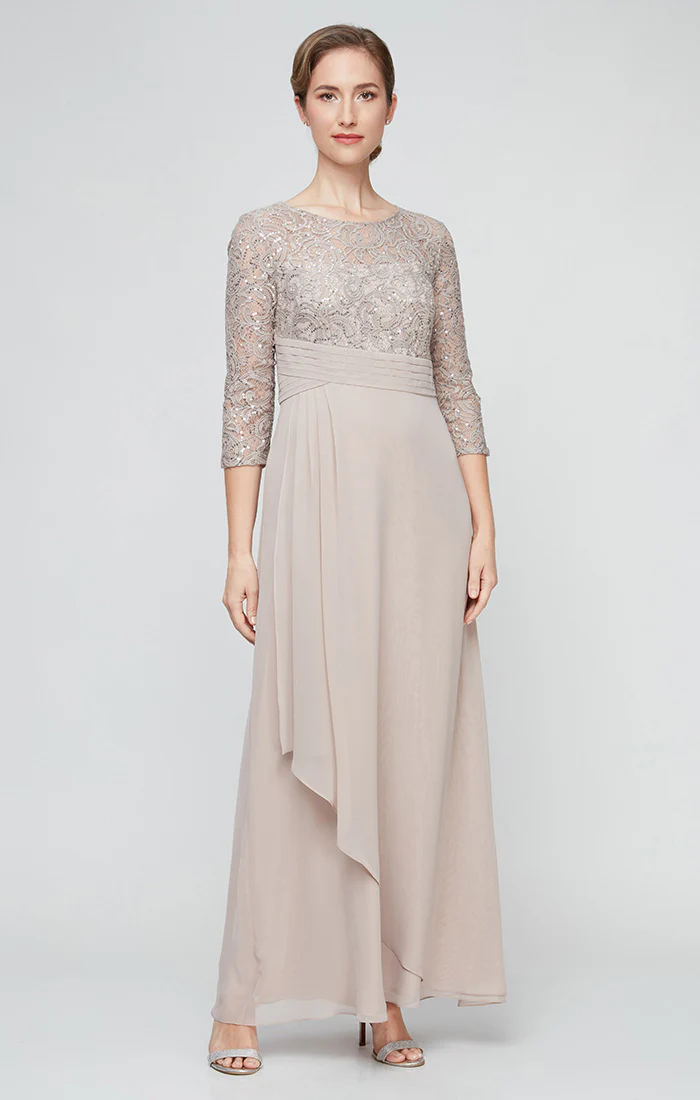 Petite - Long A-Line Sequin Lace Empire Waist Dress with Pleated Detail and Overlay Skirt
