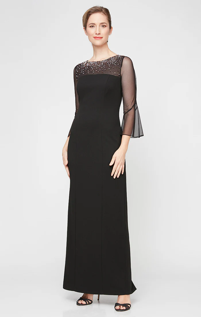 Column Stretch Crepe Gown with Heat Set Illusion Neckline & Bell Sleeves - Image 3