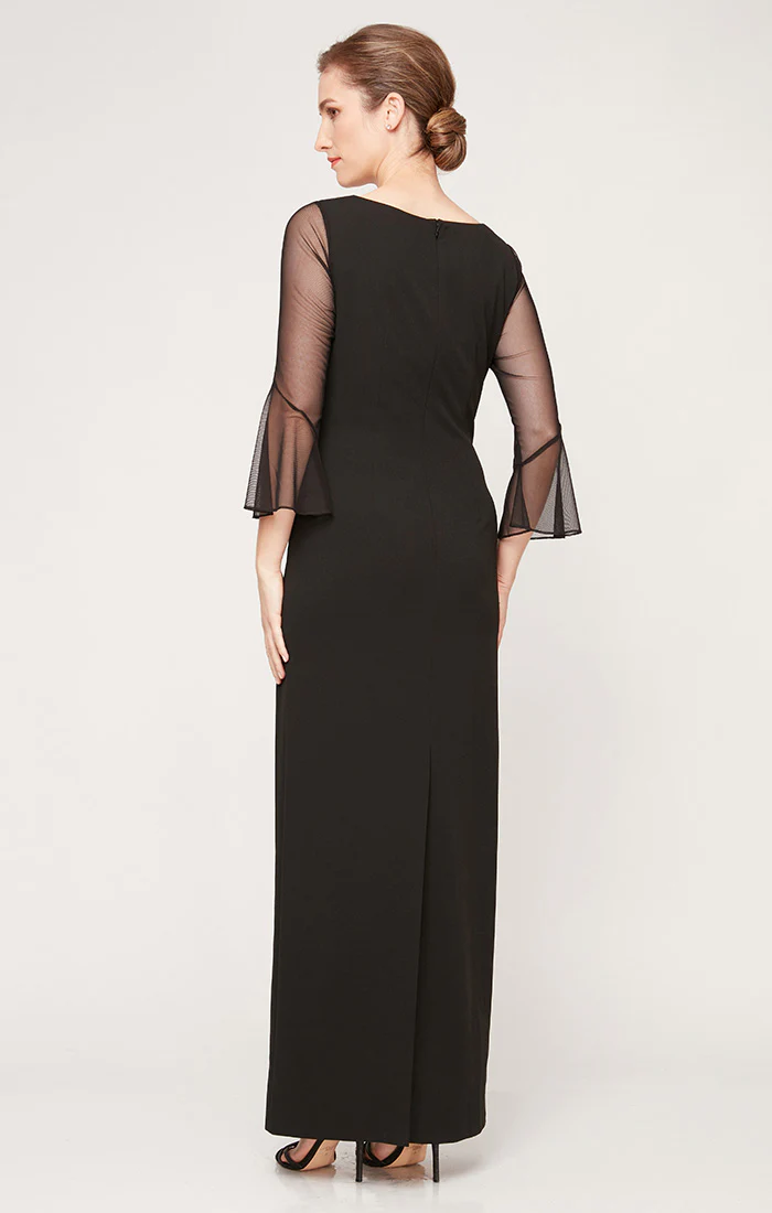 Column Stretch Crepe Gown with Heat Set Illusion Neckline & Bell Sleeves - Image 4