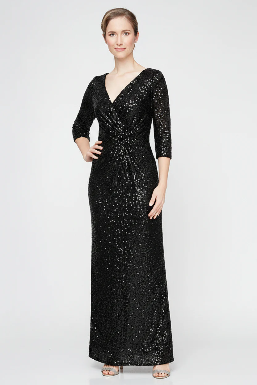 Regular - Long Column Sequin Gown with Surplice Neckline