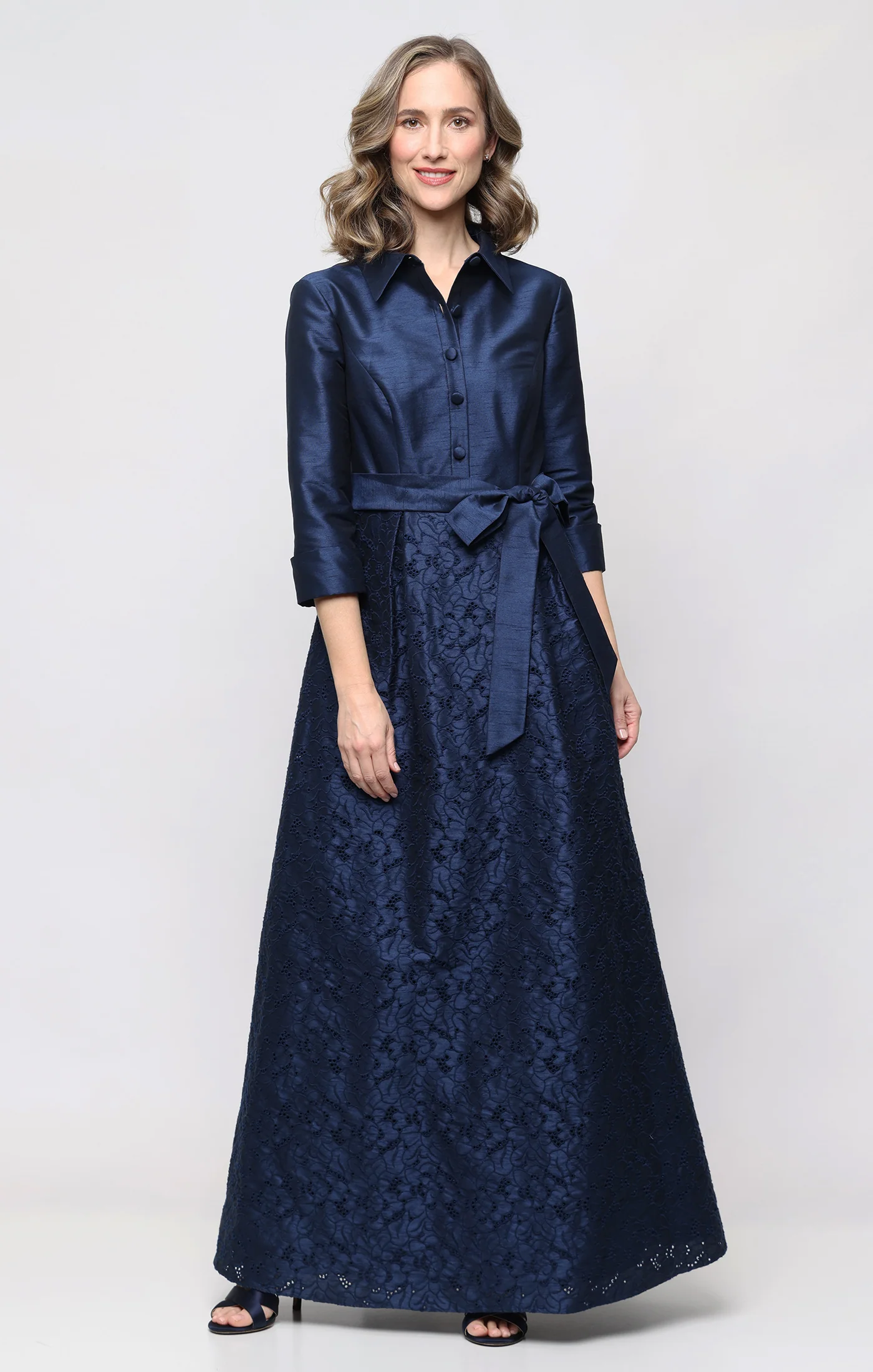 *Long Dupioni Button Front Dress with Tie Waist