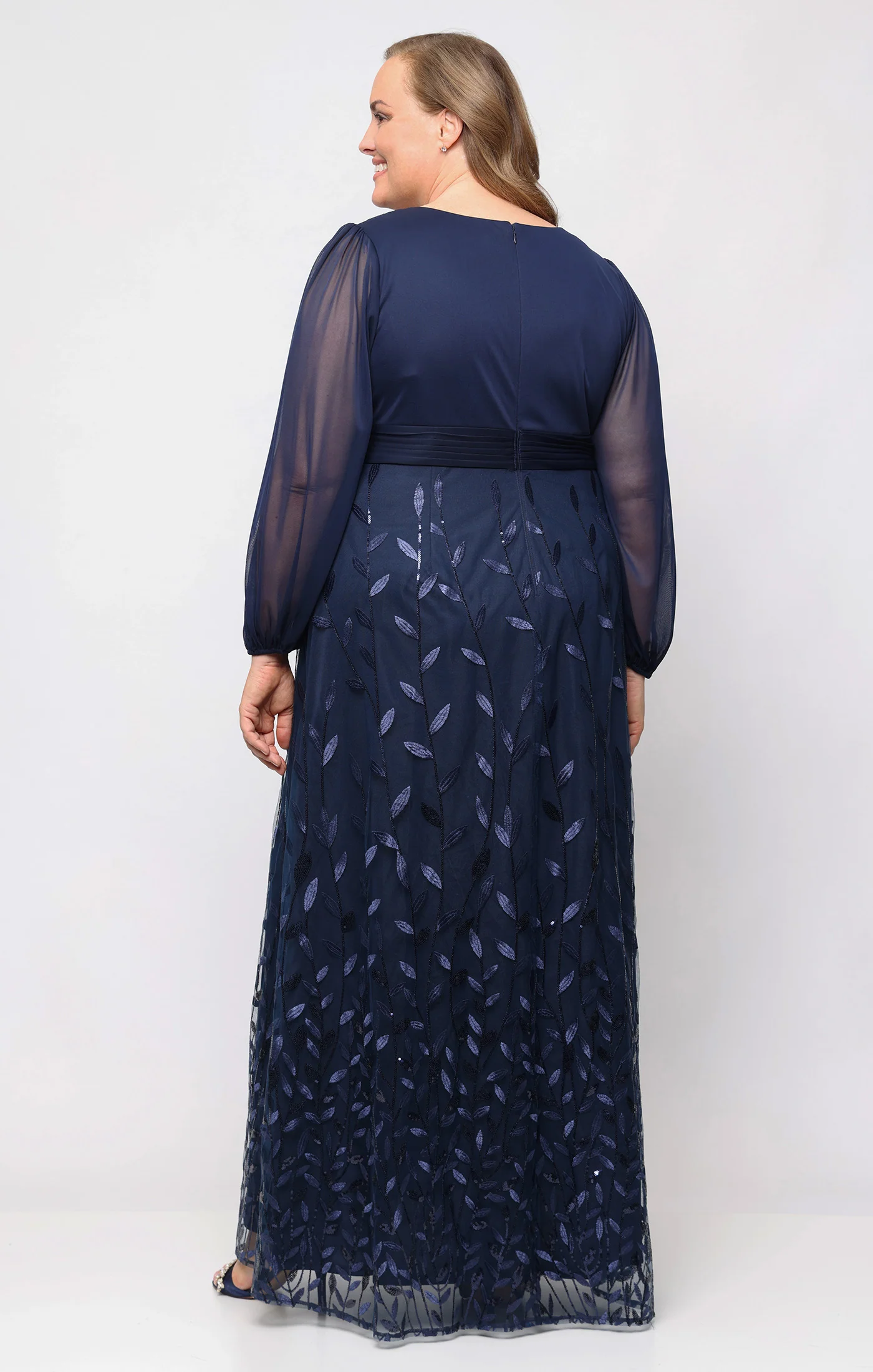 Long Embroidered Dress with Mesh Empire Waist - Image 2