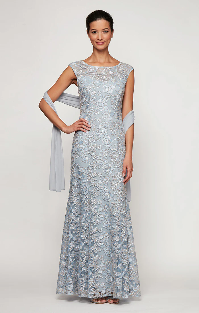 Petite - Long Embroidered Fit and Flare Dress With Illusion Neckline and Shawl