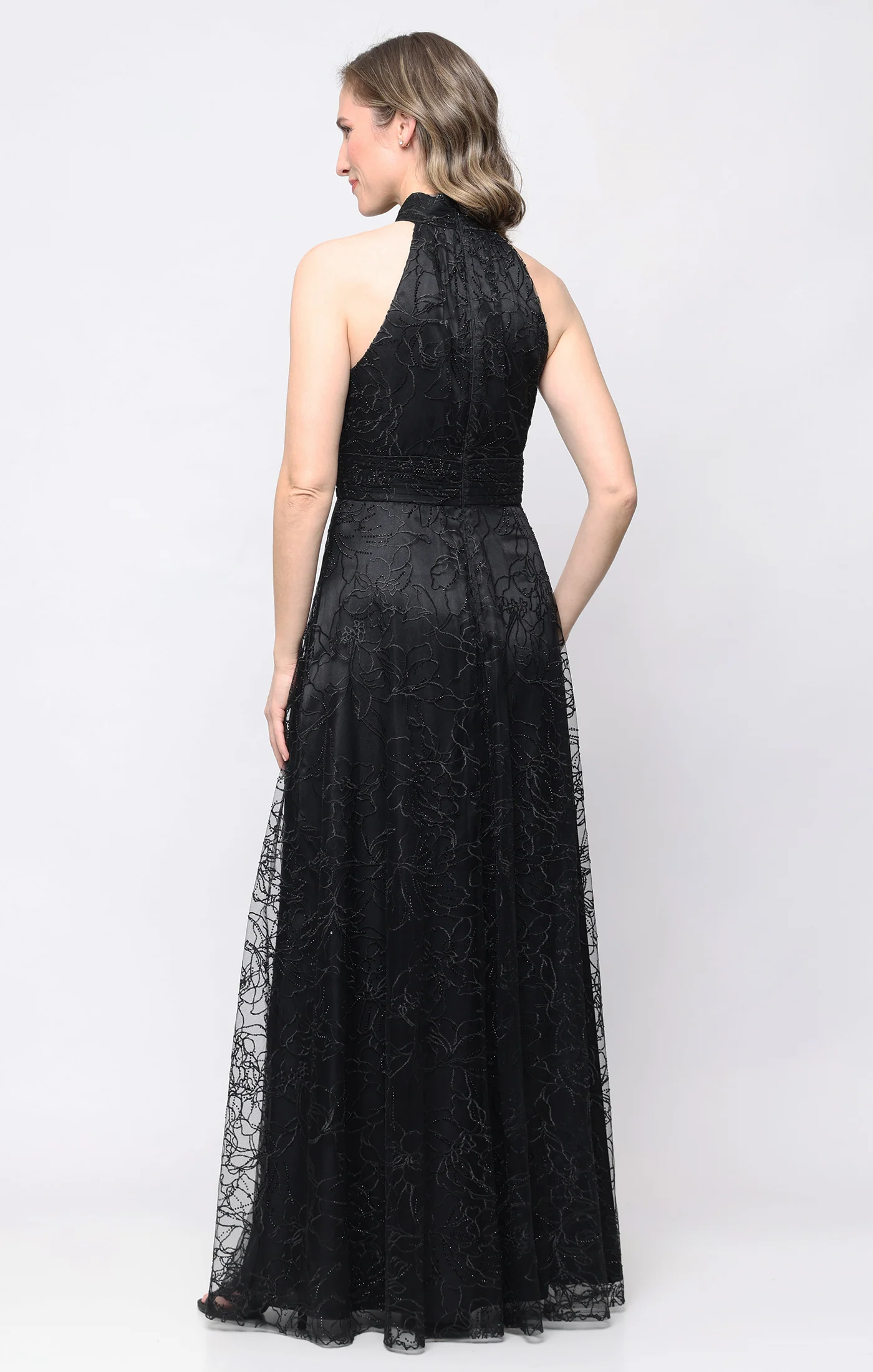 *Long Embroidered Halter Neck Dress with Gathered Waist and Beading Detail - Image 3