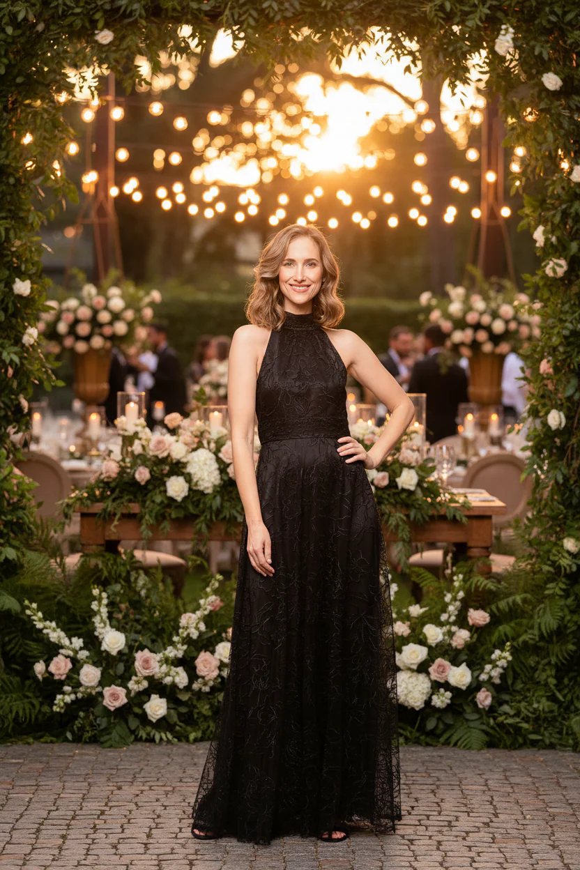*Long Embroidered Halter Neck Dress with Gathered Waist and Beading Detail - Image 4