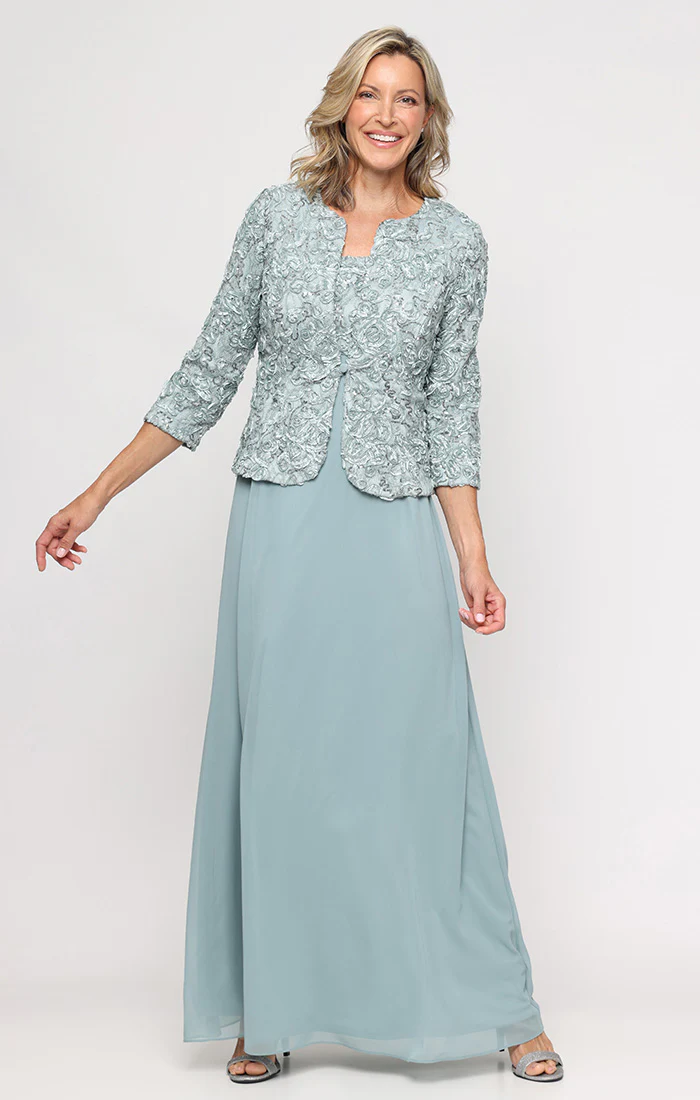Petite Long Empire Waist Dress With Open Soutache Jacket