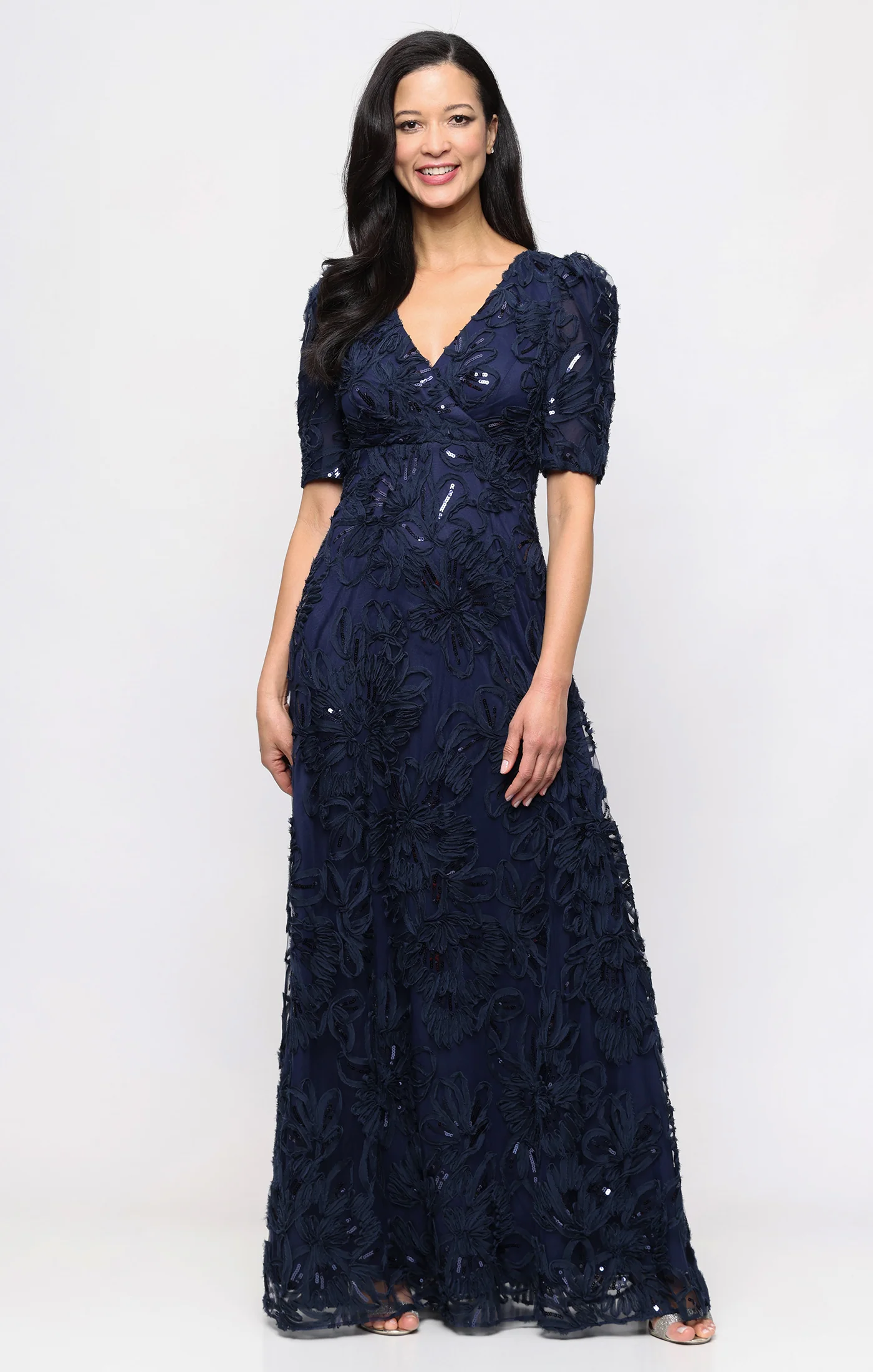 Empire Waist Soutache Dress with Puff Shoulder Elbow Sleeves