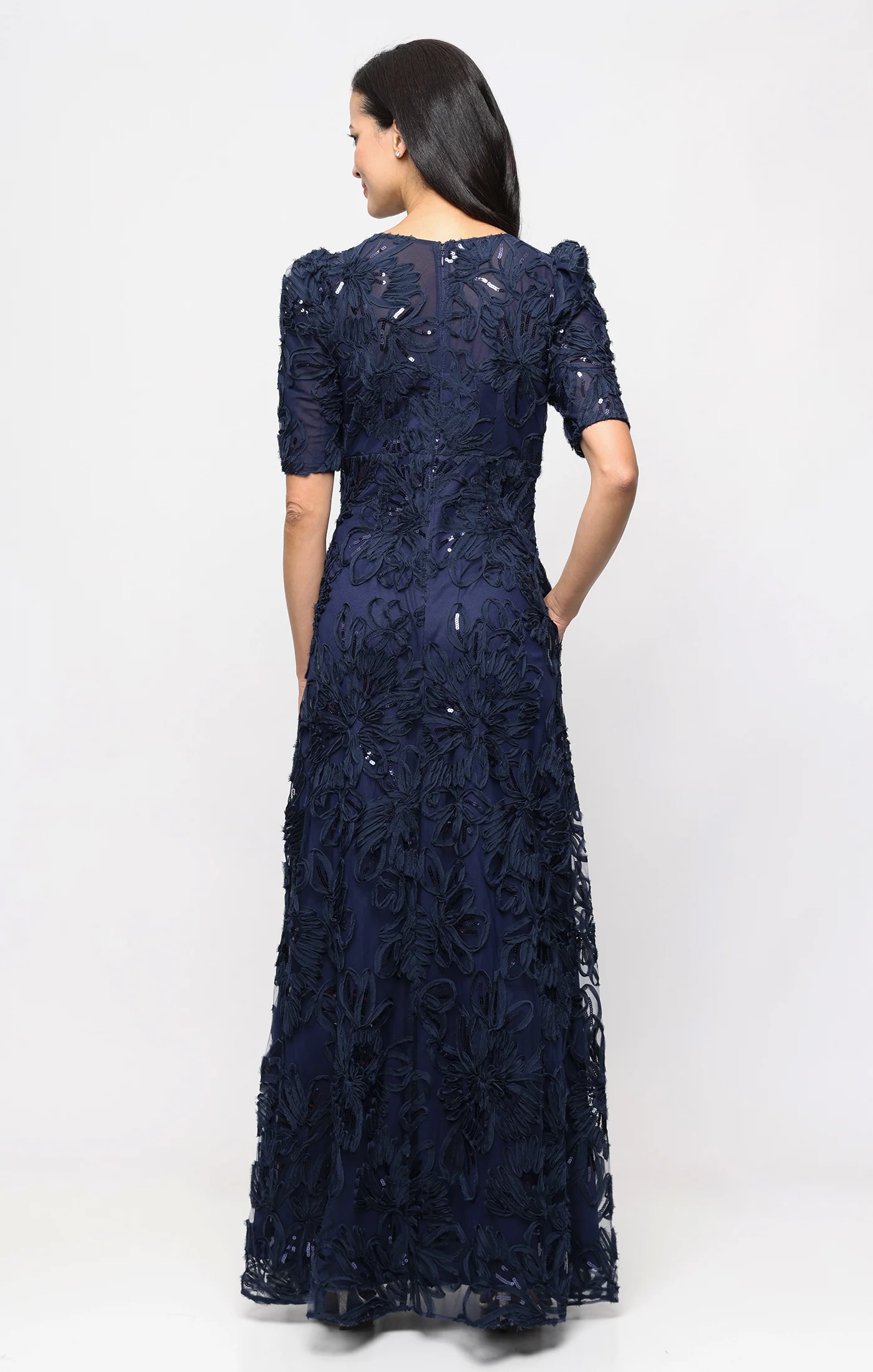 Empire Waist Soutache Dress with Puff Shoulder Elbow Sleeves - Image 3