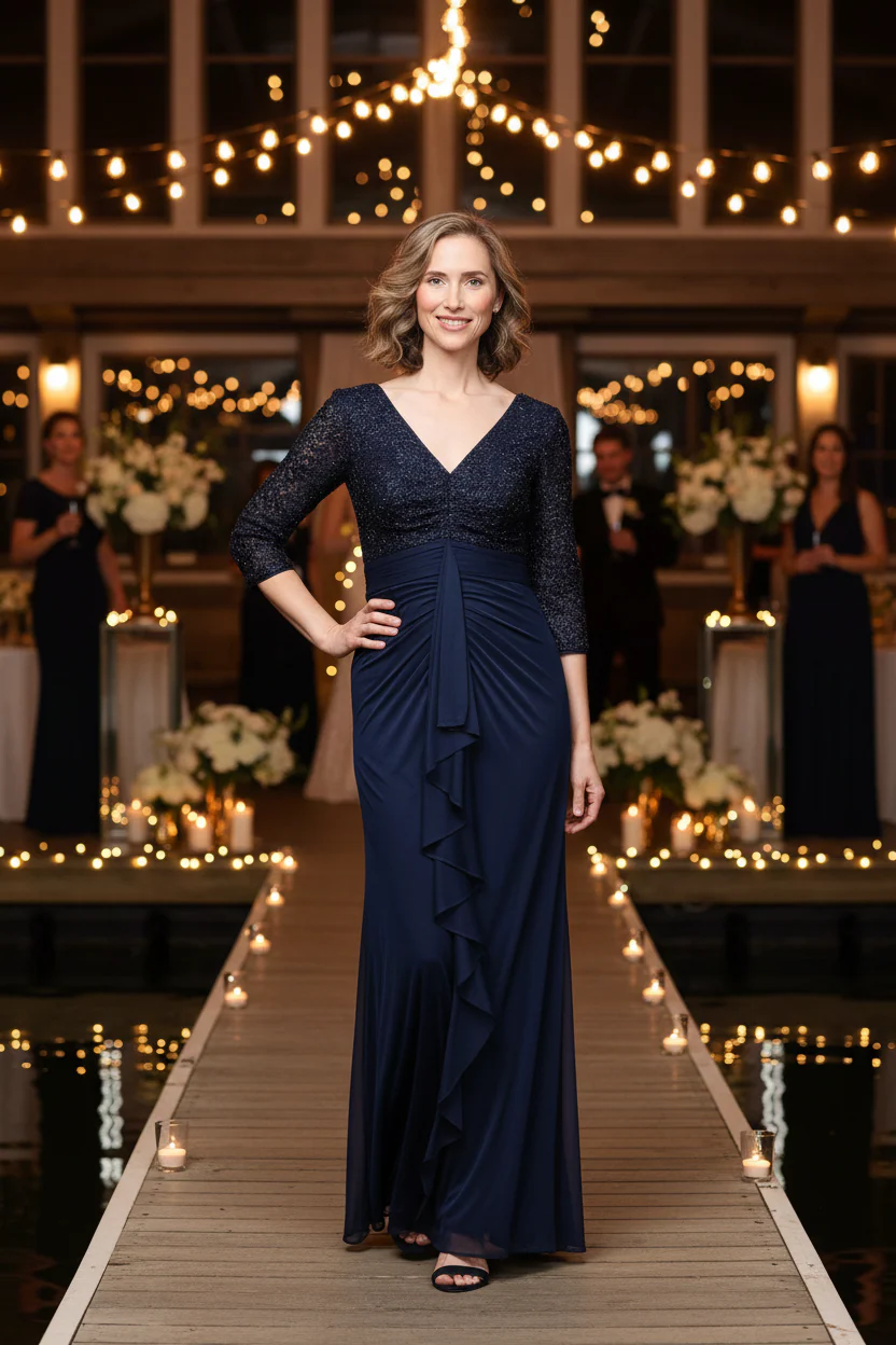 Long Empire Waist V-Neck Sequin Dress - Image 4
